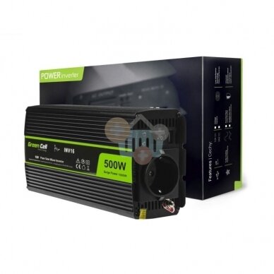 Įtampos keitiklis Green Cell INV16, iš 12V į 220V 500W/1000W + USB, Grynas sinusas 1