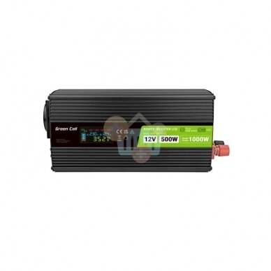 Įtampos keitiklis Green Cell su LCD ekranu, iš 12V į 220V 500W/1000W + USB, Grynas sinusas