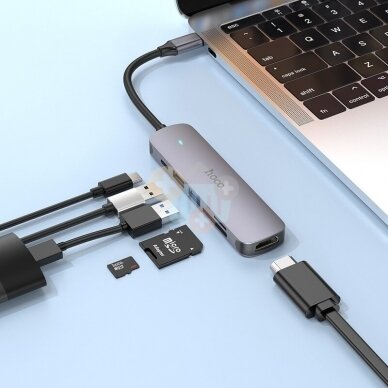 USB-C šakotuvas HOCO HB28 6 in 1: USB 3.0, USB 2.0, USB-C (PD 100W), HDMI (4K), SD/TF 2