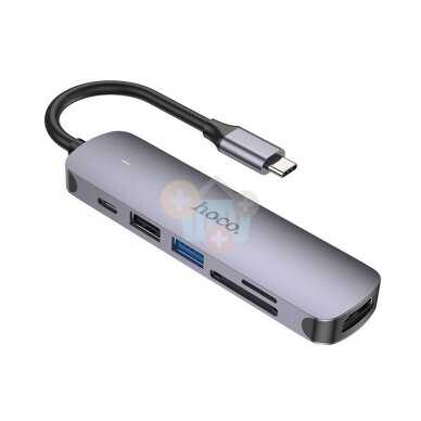 USB-C šakotuvas HOCO HB28 6 in 1: USB 3.0, USB 2.0, USB-C (PD 100W), HDMI (4K), SD/TF