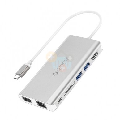 USB šakotuvas ORICO 8 in 1: Type-C; HDMI, USB 3.0, PD 3.0, TF/ SD; RJ45 +++ TOP Mobilumas